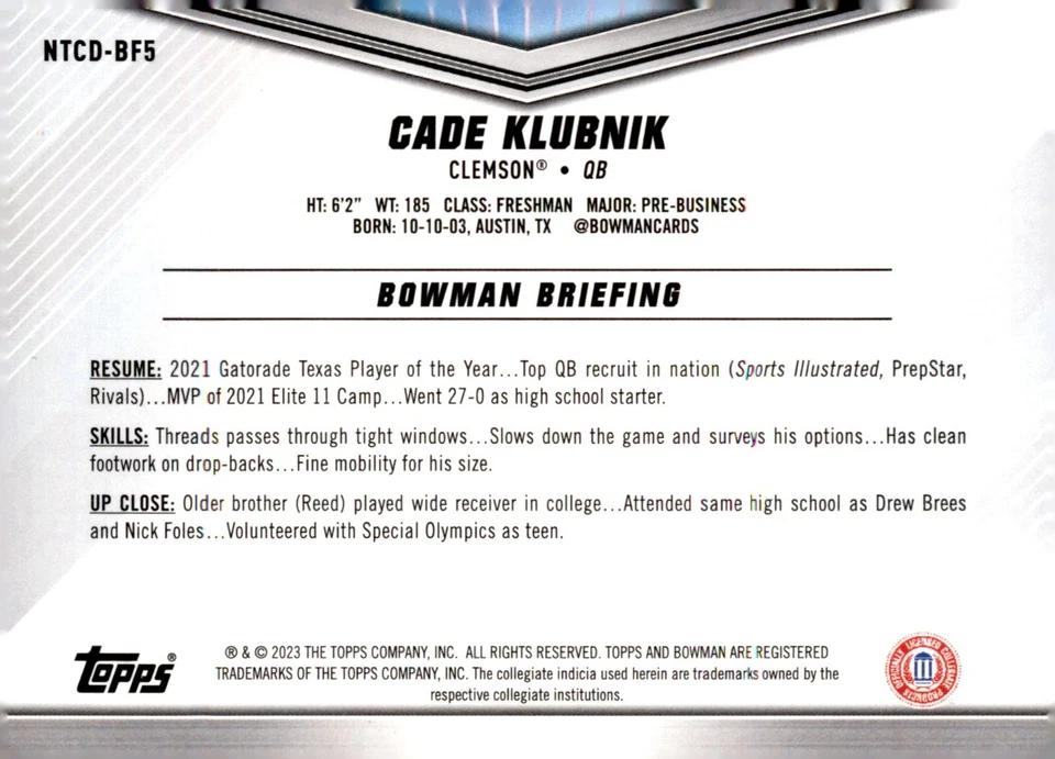 2023 Bowman U International Trading Card Day Cade Klubnik Clemson #NTCD-BF5 - Image 2 of 2