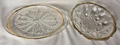 2 Vtg Dishes Glass Gold Trim Oval Handle Dish & Anchor Hocking Rd. Teardrop Dish