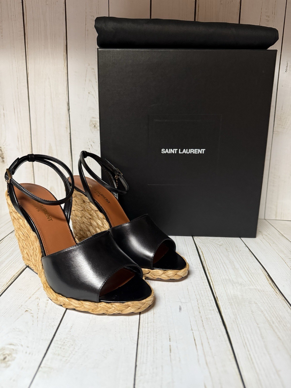 Sandali Saint Laurent in pelle di vitello Paloma espadrillas 95 zeppe neri taglia 37 5 7 5