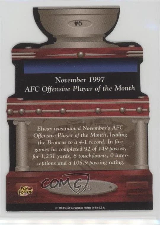 1998 Playoff Prestige Award Winning Performers Blue John Elway #6 HOF - Image 2 of 2