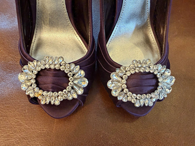 Nina Purple Satin Peep Toe Pump Heels Rhinestone Buckle Slip-On US 6 M