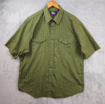 Resistol Double R Pearl Snap Shirt Mens XL Green Tinsel Striped Western Cowboy