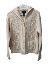 Vtg Ralph Lauren Hand Knit Wool Ivory Hooded Fisherman Sweater Rare Sz M