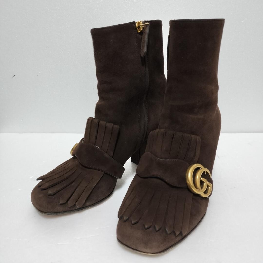 GUCCI Boots Heel GG Marmont Suede Brown EU35/US5 107364c
