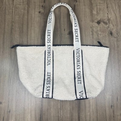 Victoria's Secret White Logo Strap Tote Bag Zip Top Lined Black Interior