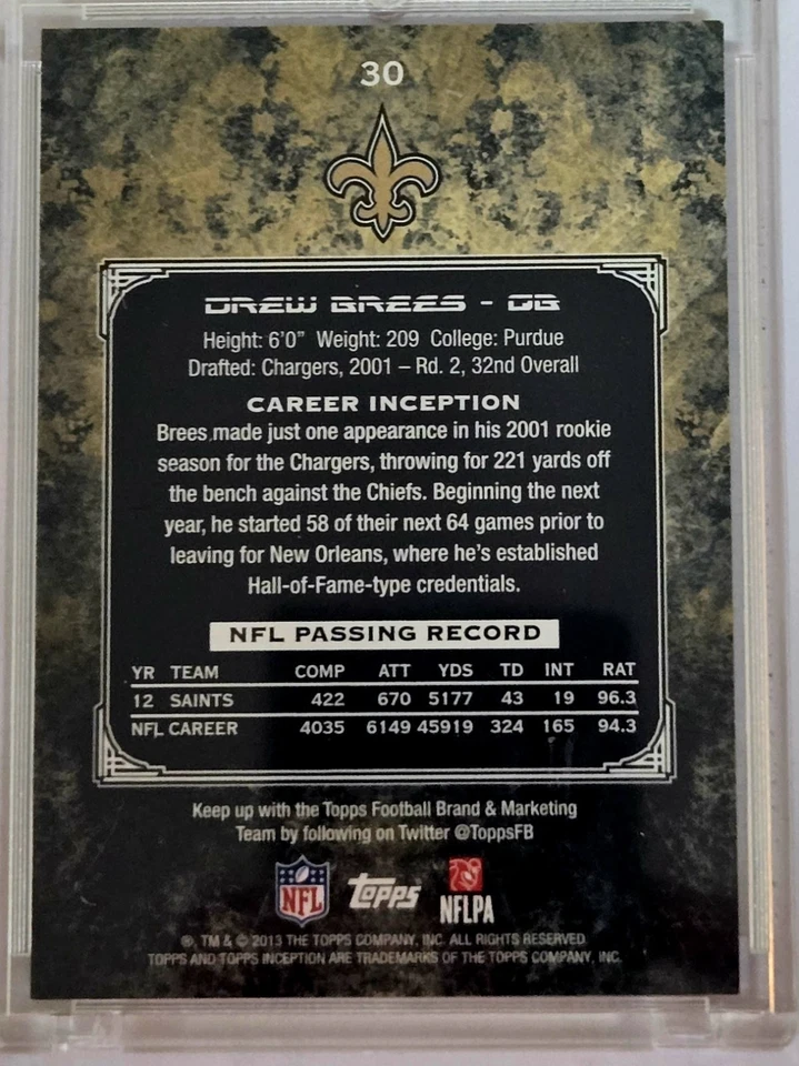 DREW BREES 2013 TOPPS INCEPTION PRINTING PLATE 1/1 ONE OF ONE - Image 2 of 2