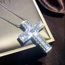 Ciondolo croce baguette diamante creato in laboratorio 2CT oro bianco 14 carati placcato argento 18''
