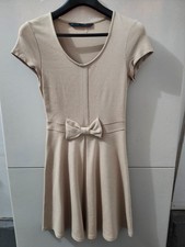 Zara Dress Womens S Beige Short Sleeve Flare Empire Bow Tie Babydoll Stretch
