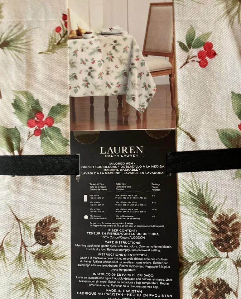 🎄Ralph Lauren LRL Christmas Tablecloth Cotton 60 x 84 Pine Cone Holly Berry NEW - Image 3 of 4