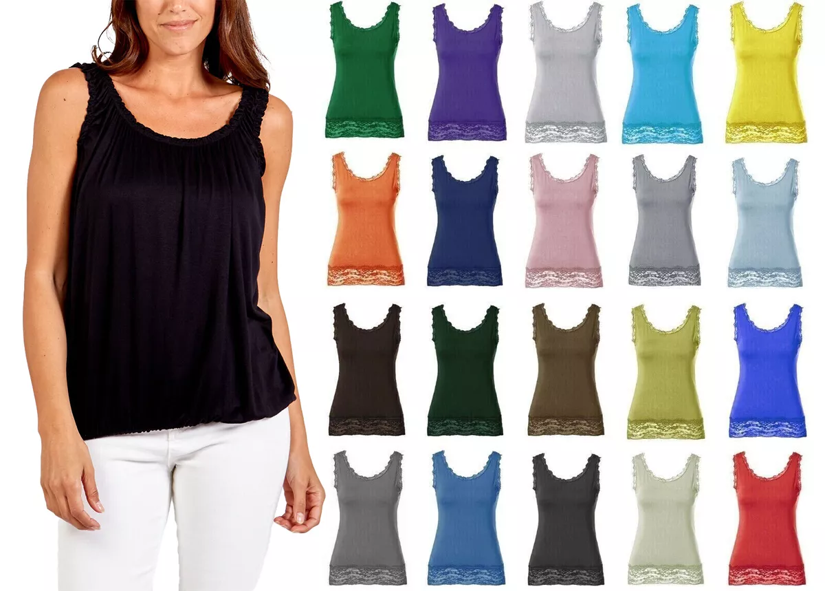 Plus Size Ladies Plain Camisole Vest Top Lace Trim Neck Cami Tank Strappy  Top