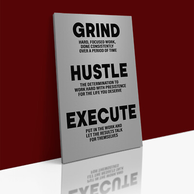 HUSTLE GRIND EXECUTE Motivational Definition LEINWAND Wandbild Kunstdruck GERAHMT
