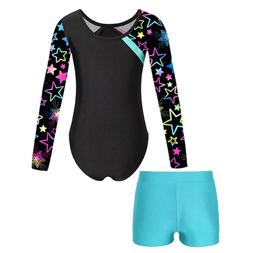 Kids Girls Ballet Dance Set Long Sleeve Patchwork Leotard with Shorts Gymnastic - Picture 27 of 47