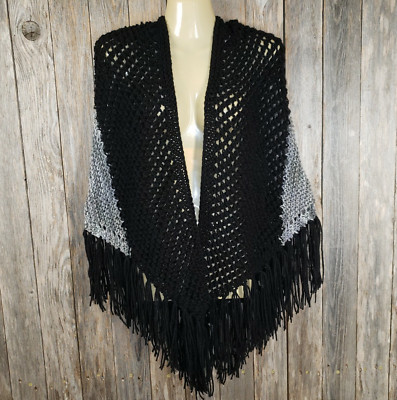 NEW Black Gray Colorblock Hand Knitted Loose Knit Shawl Wrap Scarf Boho Hippie 