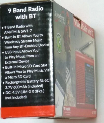 Supersonic 9-Band Rechargeable Bluetooth AM/FM Radio (Red) with USB/SD MP3 - Image 4 of 4