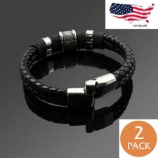 2x Men's Stainless-Steel 8.5" Black Braided Leather Magnetic Bracelet, Unisex