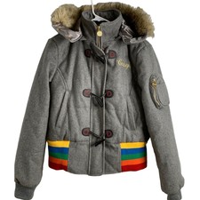 Rare Womens Coogi Size Large Crop Rainbow Winter Coat Hood Wool Fur Logo 7169