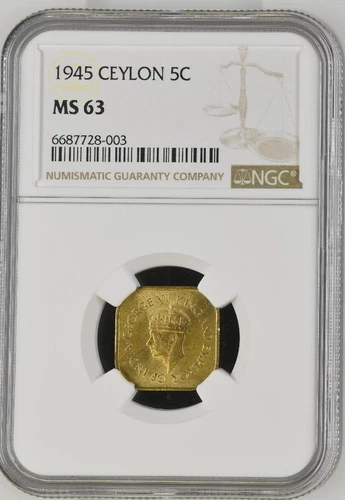 Ceylon 5 Cents 1945 NGC MS 63