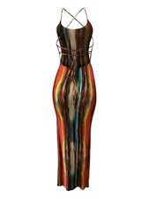 Women's Sexy Bodycon Backless Striped Long Maxi Dress in Multi Color Stripes