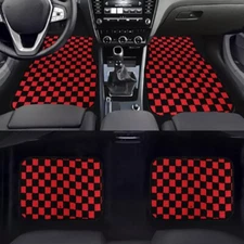 4PCS UNIVERSAL CHECKERED RED Racing Fabric Car Floor Mats Interior Carpets