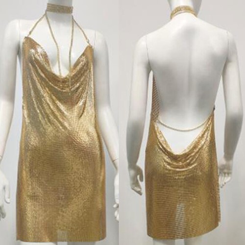 Metal Sequin Deep V Dress Sexy Dress Nightclub Party Suspender Side Split Dress - Picture 9 of 18