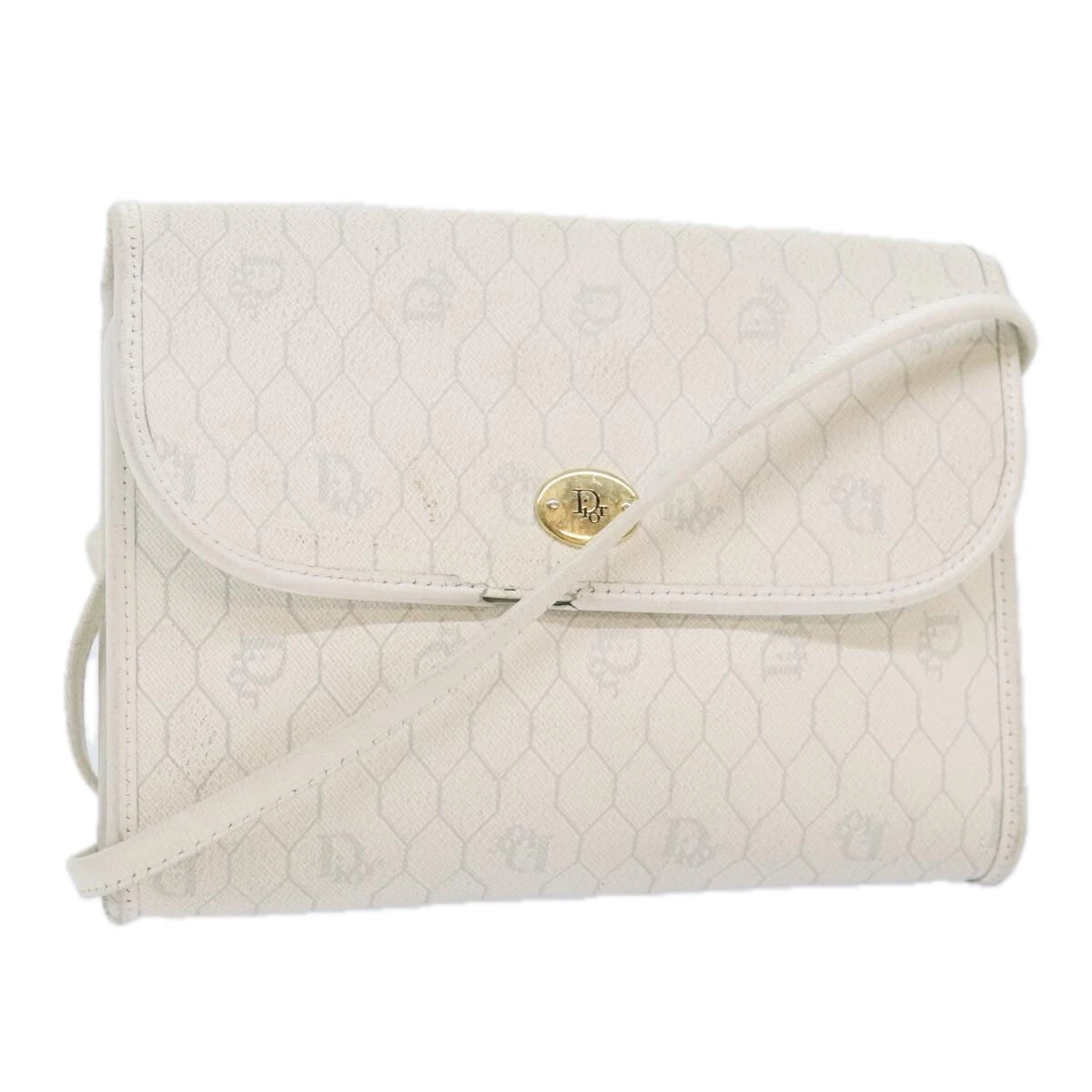 Christian Dior sac à bandoulière toile nid d'abeille PVC cuir blanc or authentique 91025