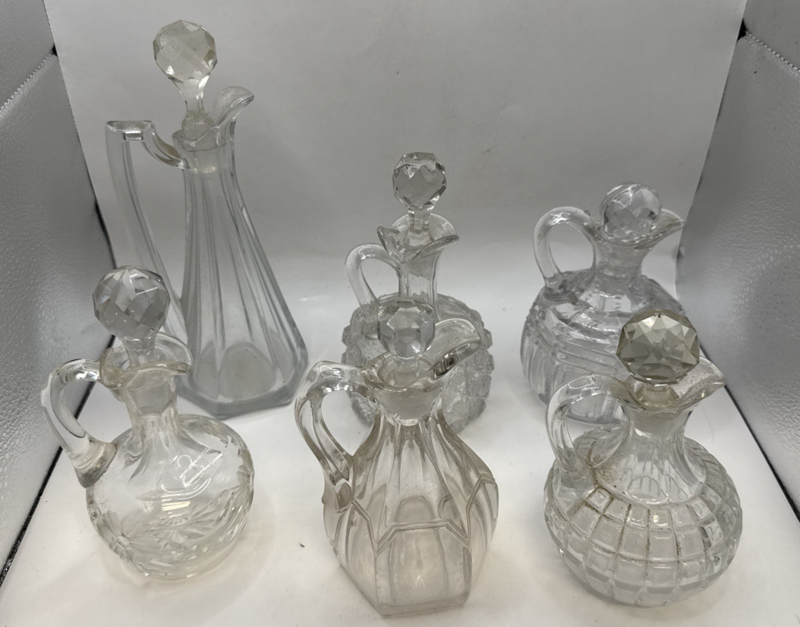 Vintage Set of 6 Clear Glass Cruets with Stoppers oil vinegar  Vtg
