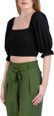 BCBGeneration Black Square Neck Smocked Puff Sleeve Cropped Blouse XL