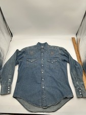 Rockmount Ranch Wear Shirt Mens S Denim Western Pearl Snap Embroidered
