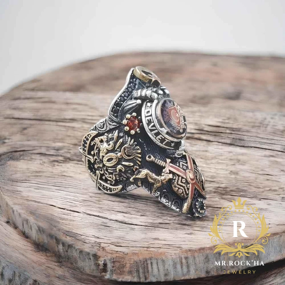 Sello de Otomano, Grabado Arquero, Piedra Circón Rojo, Anillo Pulgar Hombre Plata 925 K Foto 2 de 4
