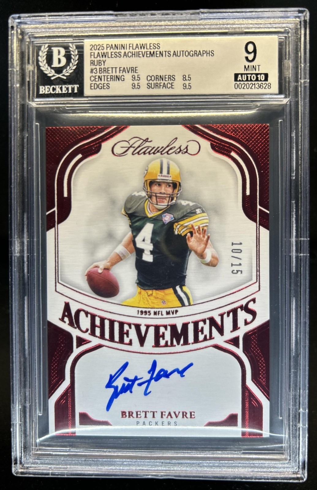 2025 Panini Flawless Brett Favre Achievements Ruby Auto #/15 Packers BGS 9
