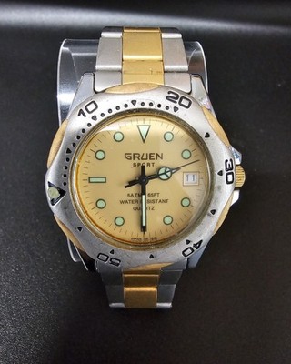 Vintage Gruen Sports Watch Quartz Diver Silver & Gold Yellow Dial
