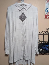 AVA & VIV Plaid Button Down Up Top Long Sleeve Gray 4X New With Tags