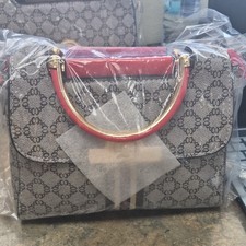 Women Gray Red Geometric Small Satchel Top Handle Bag Detachable Strap Pockets