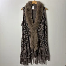 Northern Angel Cape Shawl Poncho Brown Plaid Knit Faux Fur Fringe Boho Chic S/M