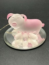 Vintage UG Hand Sculpted 22KT Gold Glass Pink Momma Pig With 3 Babys Mirror Base