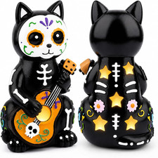 Day of the Dead Figurine, Halloween Black Cat Guitar Statue  Sugar Skull Floral
