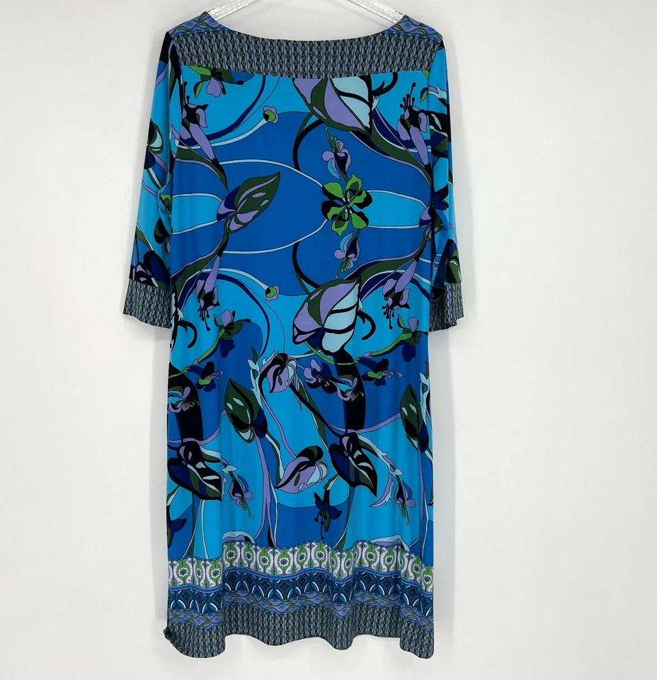 Marc Bouwer Dress Womens XL Retro Floral 70s Blue Tropical Hippie Shift - Image 2 of 4