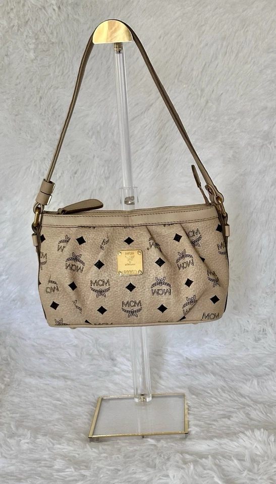 AUTÉNTICO MCM Bolso de Mano de Cuero Beige de Lujo Foto 4 de 4