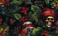 Skulls and tropical foliage Printed Cotton Fabric By The Yard