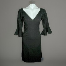 Kerry Xie Little Black Dress 3/4 Ruffle Sleeve V Neck Knee Length Zips Size Med