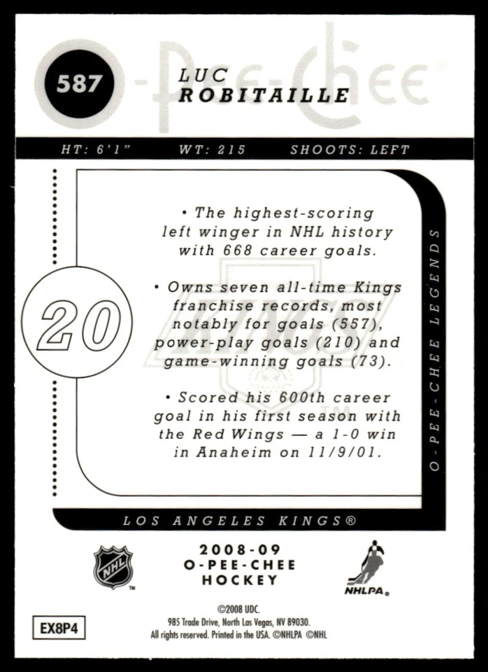 2008-09 O-Pee-Chee Metal MARQUEE LEGENDS Luc Robitaille Los Angeles Kings #587 - Image 2 of 2