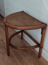 Vintage Rattan Cane Demi-Lune Stool Boho Bamboo Wicker Corner Side Table Brown