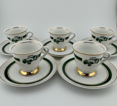 Vintage Maua Brazilian Porcelain Espresso Cup And Saucer Green And Gold 5 Sets