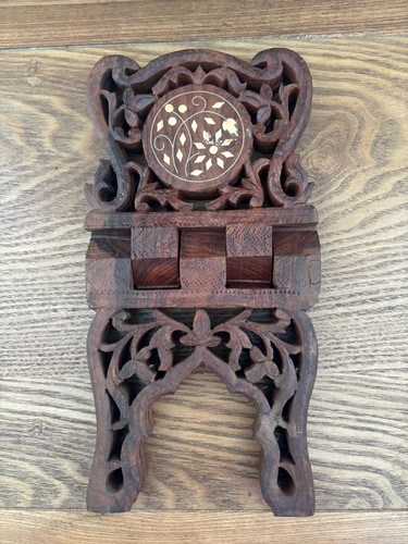 Vintage Wood Hand Carved Book Stand Bible Cookbook Decor Furniture India 8”x6.5”