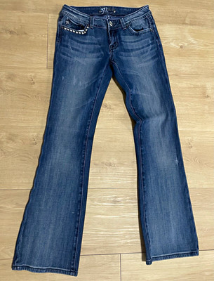 Miss Me Women's Blue Dark Wash Denim Bootcut Jeans Studded Logo 5-Pocket
