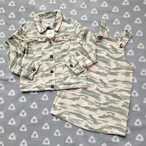 NWT 2pc Mud Pie Girl 4T/5T Camo Canvas Ruffle Jacket And Dress Pocket Button - Picture 1 of 14