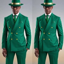 Green Men's Suit Peak Lapel Double Breasted Formal Business Wedding Tuxedo 2Pcs