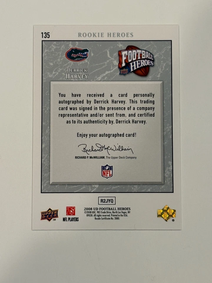 2008 UD Football Heroes #135 Derrick Harvey - Rookie Auto Platinum /15 - Florida - Image 3 of 3