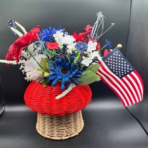 4th of July Patriotic Floral Arrangement Wicker Basket Centerpiece USA Flag 13"