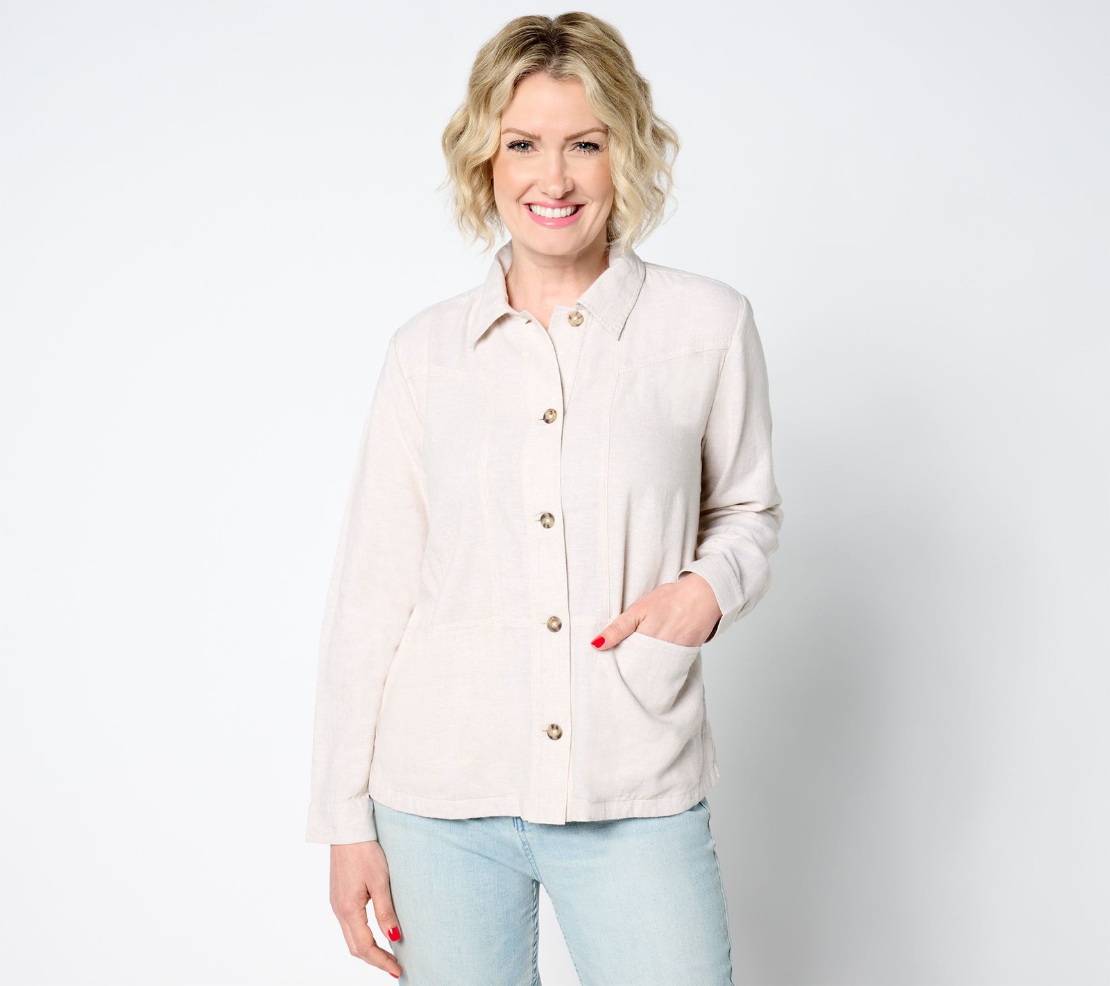 Denim & Co. Women's Jacket Sz XL Naturals Linen Blend Cross Hatch Brown A644380